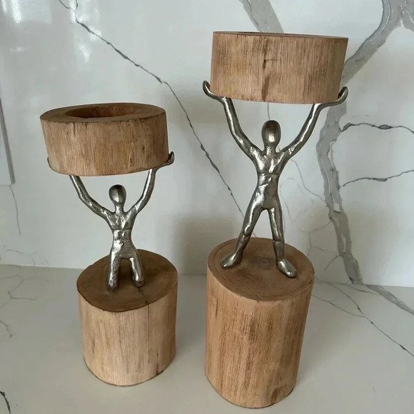 Set Of 2 PIER 1 WOODEN MAN CANDLE HOLDER Made In India - Picture 1 of 10